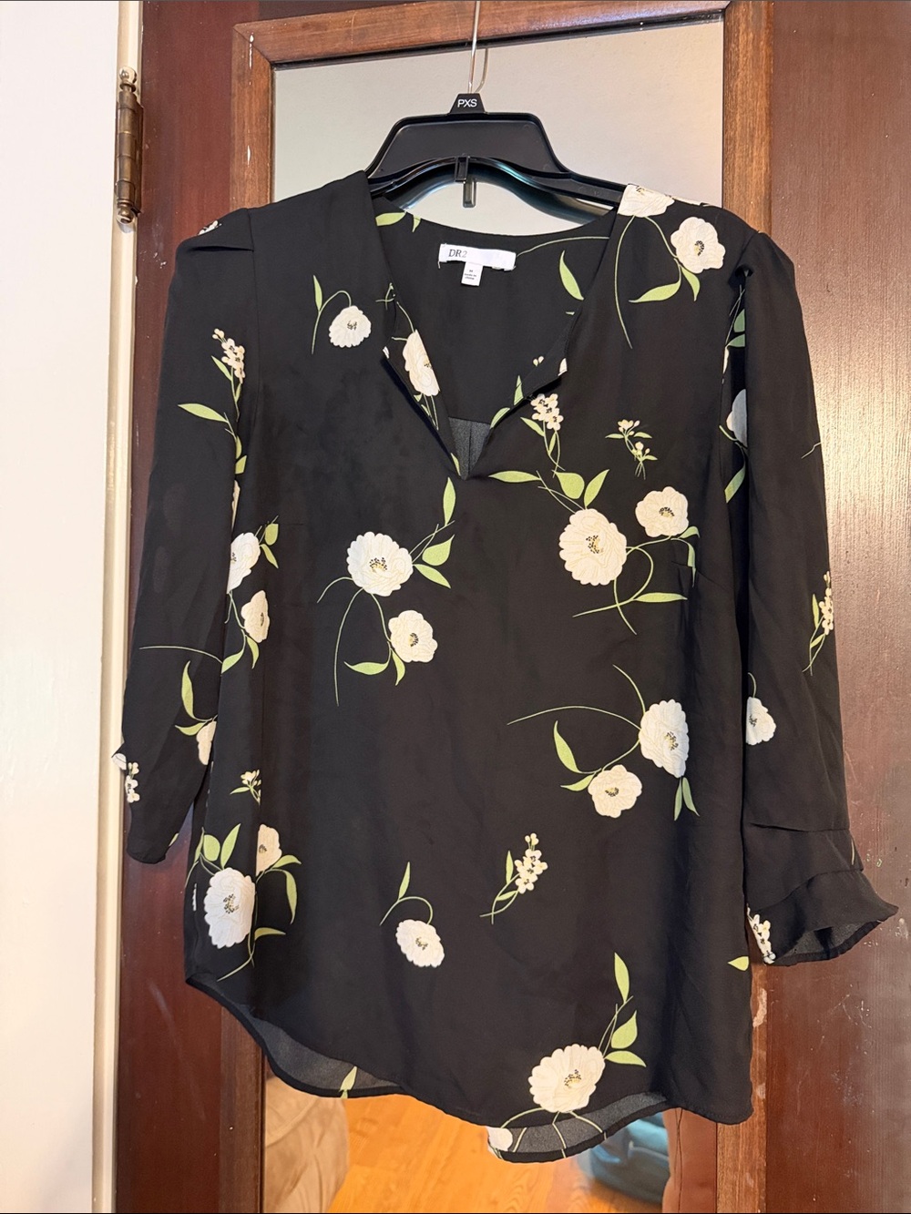 DR2 Black Blouse with Cream Floral Print